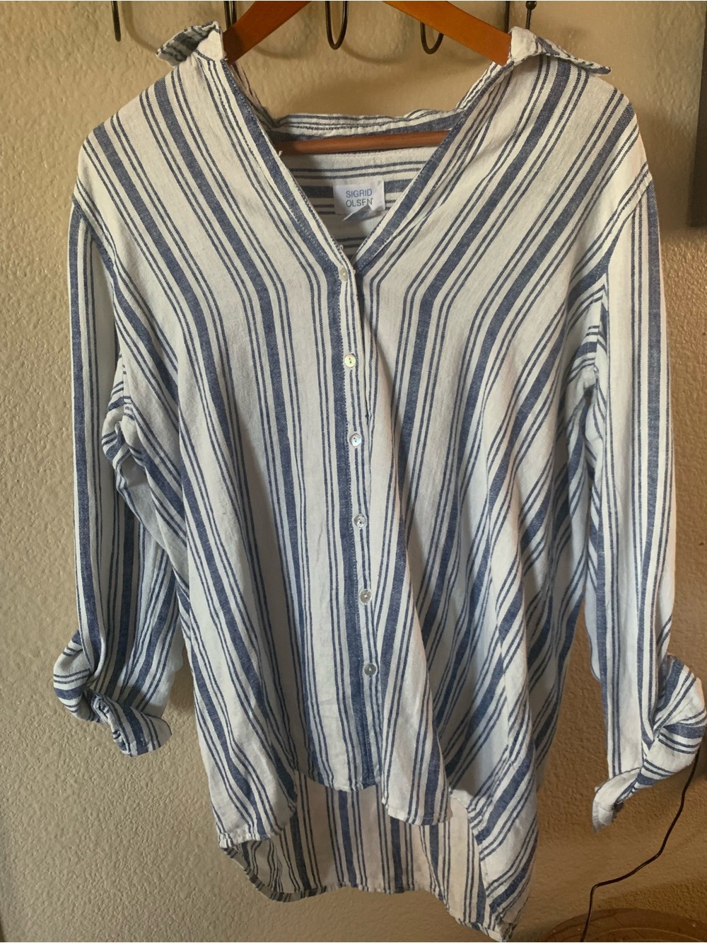 Sigrid Olsen Blue and White Striped Button-Down Shirt